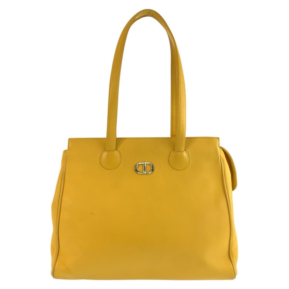 Christian Dior Vintage CD Logo Yellow Silver Hardware Leather Tote Bag Should...
